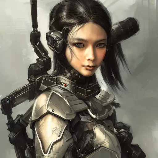 Image similar to portrait of an elf girl by ayami kojima, she is about 2 0 years old, mixture between british and japanese, black bob hair, and she is wearing a modern tactical gear, scifi, highly detailed portrait, digital painting, artstation, concept art, smooth, sharp foccus ilustration, artstation hq