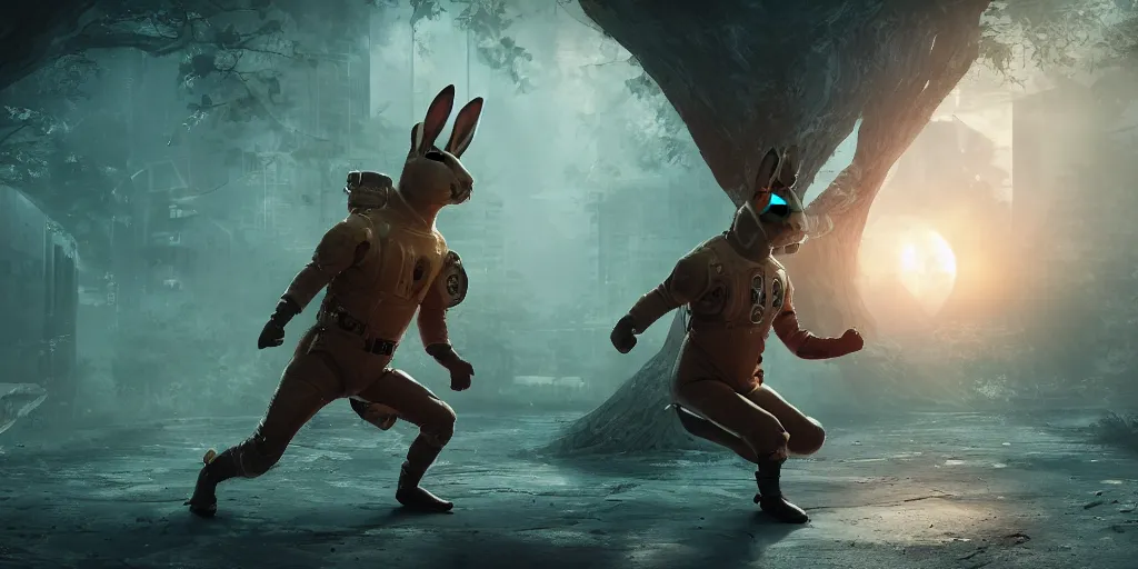 Prompt: A rabbit practicing kung fu in a space suit in a subway full of trees with a cyberpunk temple outside the window, sunset with falling leaves, Tyndall rays, light through the mist, dramatic lighting, photorealistic, cinematic lighting, high detail, cinematic feel, high octane, 4K, Unreal Engine, digital render, intricate, ultra realistic, concept art