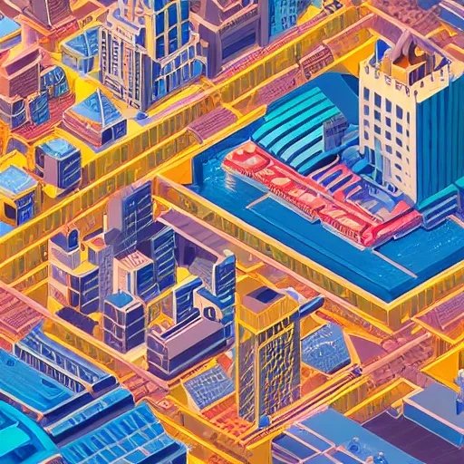 Prompt: isometric photo of a futuristic art deco city, detailed, extreme detail, gigapixel, high resolution, 4k, realistic style, bold colors, at golden hour