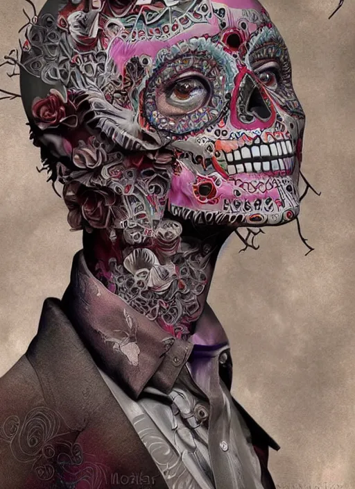 Image similar to dia de los muertos theme surrealist art in the styles of igor morski, jim warren, and osborne macharia, intricate, hyperrealistic, accurate facial details, profile picture with chromakey!!!!! background, volumetric lighting