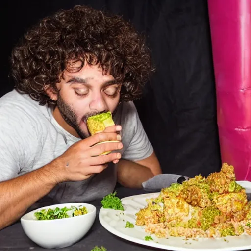 Image similar to curly haired mixed Hispanic with the biggest underbite looks in awe at a gigantic feast in front of him