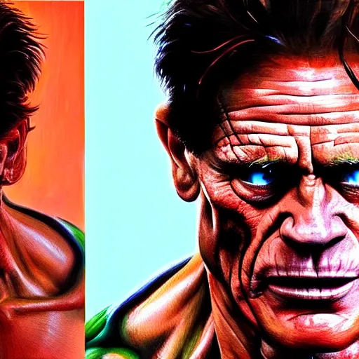 Prompt: willem defoe transforming into the hulk, cinematic shot, painting by jama jurabaev, extremely detailed, brush hard, artstation, high quality, brush stroke