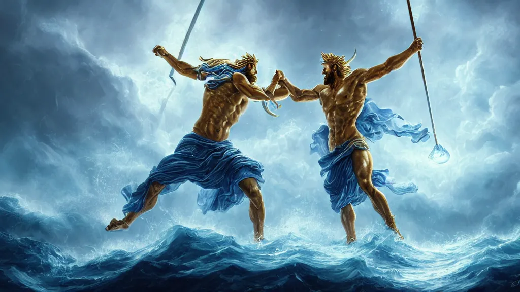 Image similar to Character concept art, Digital Paint, Zeus fighting Poseidon, Character Design, Digital Art, Gold Light, Blue Mist, Divine, Sky, 8K, insanely detailed and intricate, ornate, hyper realistic, super detailed, Cloudy background, Trending on Artstation, in the style of James Jean