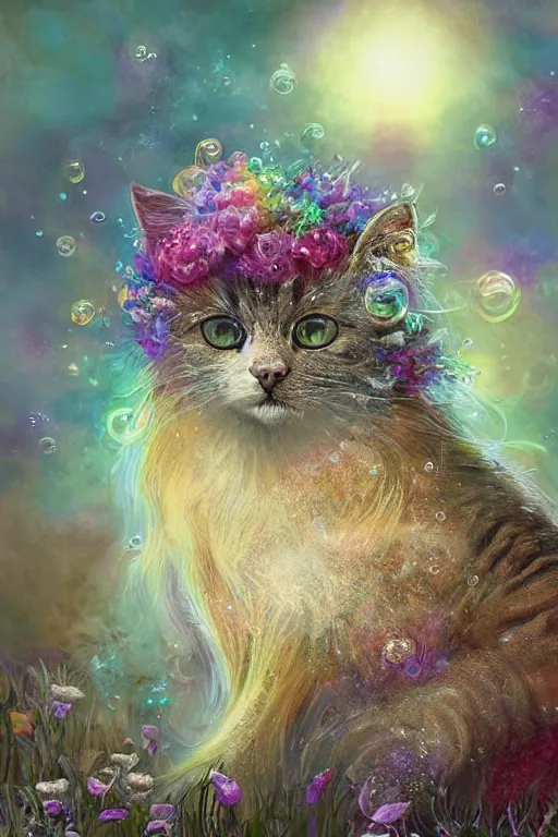 Prompt: elaborately detailed close up portrait of an extremely beautiful cat with very long white fur surrounded by flowers, an eerie mist and many ethereal rainbow bubbles, Art Noveau, Aetherpunk, atmospheric lightning, dreamscape maximized, high fantasy professionally painted digital art painting, smooth, sharp focus, highly detailed illustration highlights, backlight, golden ratio, 8K detail post-processing, symmetrical features, rich deep moody colors, dark epic fantasy, award winning picture, featured on DeviantArt, trending on cgsociety