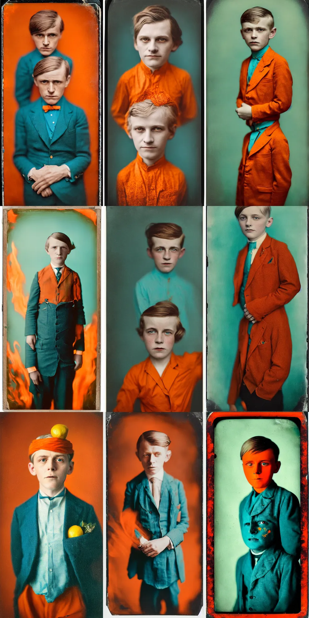 Prompt: kodak portra 4 0 0, wetplate, 8 k, shot of a highly detailed, britt marling style, colour still - life portrait of a lemon looks like a handsome 8 year old boy in hell fire, 1 9 2 0 s cloth, 1 9 2 0 s hair, teal and orange, muted coloures