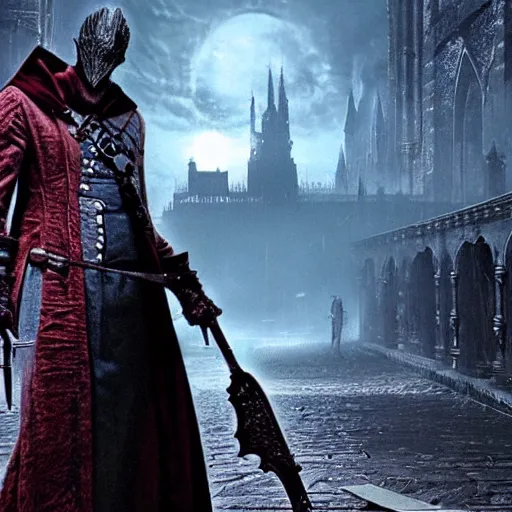 Prompt: still image of Bloodborne starring as Neo in 'The Matrix'(1999)