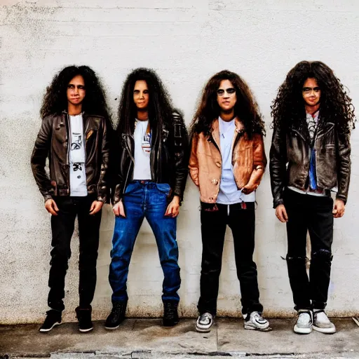 Prompt: Group of ethnically diverse 19-year-old boys and girls with long permed wavy brown hair and afros leather jacket and denim jeans, holding electric guitars, 2022, stoner rock, heavy rock, retro metal, HD photography