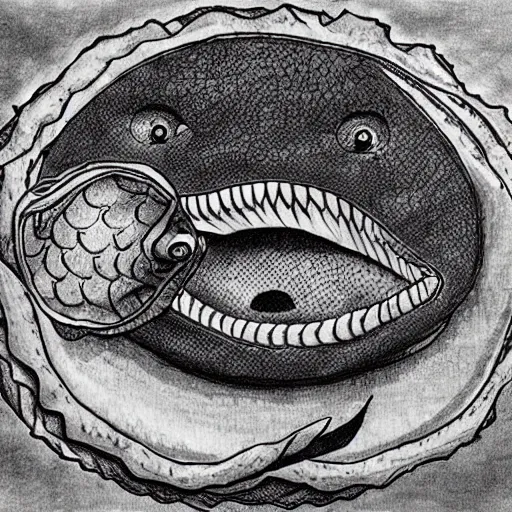 Image similar to a giant 3 eyed carp by kentaro miura