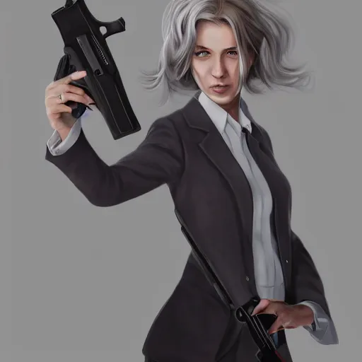 Image similar to a girl wearing a business, she has grey hair and is holding a revolver, digital painting, smooth, hd, realist, artstation, deviantart