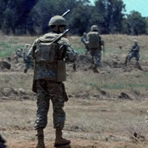 Prompt: distant shot of soldiers in a shootout near a military base, 1 9 8 7, movie still