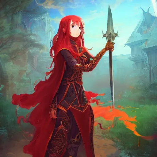 Prompt: a female elven cleric with red long hair in a very good beautiful heavy scale armor, wearing a cape, casting a fire spell, dungeon background, magical, bright, colorful, fantastic lighting, amazing details, 4 k uhd, illustration by hayao miyazaki and makoto shinkai and ilya kuvshinov, artstation, pixiv,