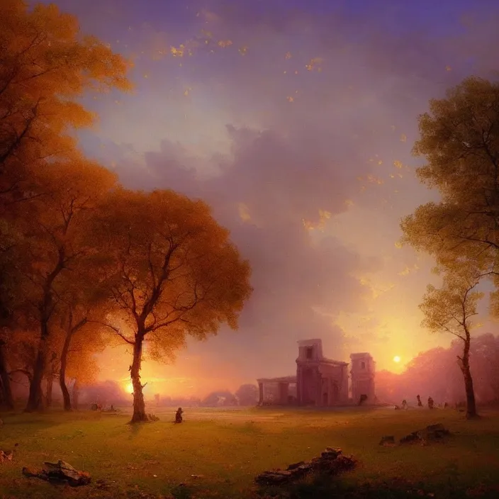 Image similar to a beautiful painting of ruins on the meadow, in autumn, sunset by ivan aivazovsky and greg rutkowski and rhads, in style of digital art. hyper detailed, sharp focus, soft light. octane render. ray tracing. trending on artstation