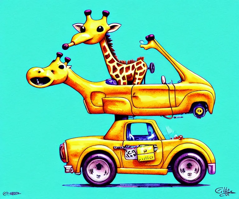 Prompt: cute and funny, giraffe wearing a helmet riding in a tiny hot rod with oversized engine, ratfink style by ed roth, centered award winning watercolor pen illustration, isometric illustration by chihiro iwasaki, edited by range murata, tiny details by artgerm and watercolor girl, symmetrically isometrically centered, focused