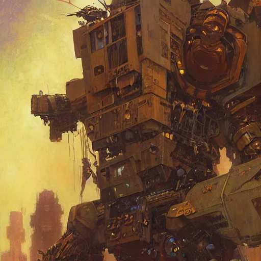 Image similar to six meters tall mech fighting in an urban environment, epic action scene, by gaston bussiere craig mullins jc leyendecker gustav klimt artgerm greg rutkowski john berkey, bergey, craig mullins, ruan jia, raymond swanland, jeremy mann, tom lovell, alex malveda