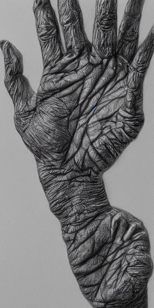 Prompt: hyper detailed pencil drawing of human hand