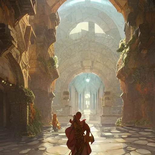 Prompt: A wide open courtyard in a beautiful dwarven city made of marble, inside the underground cave, lustrous minerals, a fantasy digital painting, artstation, concept art, sharp focus, illustration, art by greg rutkowski and alphonse mucha