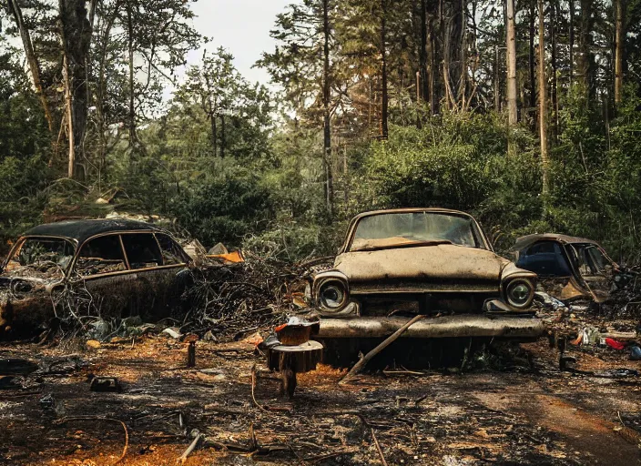 Image similar to an overgrown street corner, derelict vehicles taken by the vegetation, a camp fire sits in the forest ground with trees framing the shot,