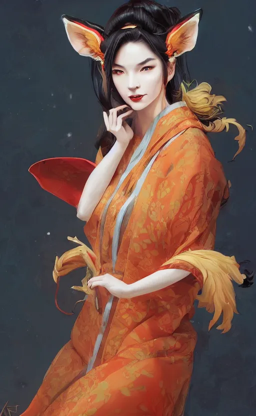 Image similar to An beautiful digital painting of a woman with fox ears and nine tails wearing a kimono, by Stanley Artgerm Lau, WLOP, Rossdraws, James Jean, Andrei Riabovitchev, Marc Simonetti, and Sakimichan, tranding on artstation