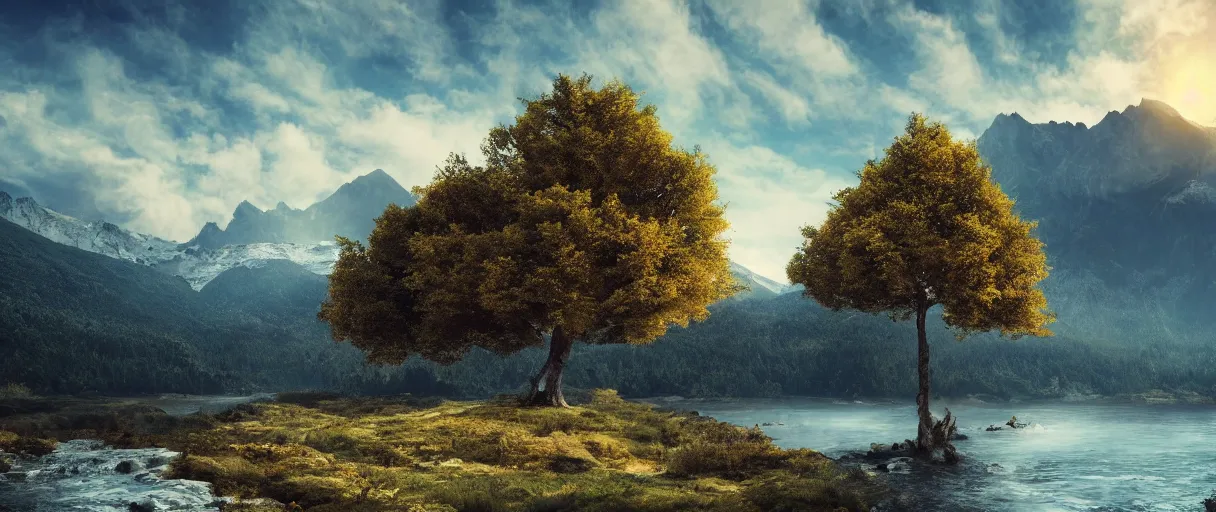 Image similar to realistic tree, mountains, river, landscape, photo, concept art, universe in the sky, cinematic lighting, 4k, wide angle, warm tones, Earth,