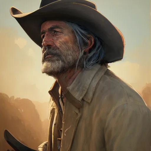Prompt: portrait of a man with a long duster, grey hair and a cowboy hat walking in an old west town, harsh good looking face, middle aged, drawn by Ruan Jia, disco elysium style, fantasy art, dramatic lighting, digital art, 8k, highly detailed