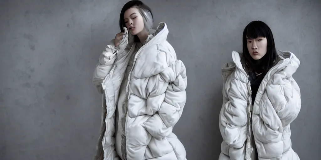 Image similar to well lit fashion shoot portrait of extremely beautiful female marble statue wearing huge over size puffer jacket by dingyun zhang, yeezy, balenciaga, vetements, a cold wall, sharp focus, clear, detailed,, cinematic, detailed, off white, glamourous, symmetrical, vogue, editorial, fashion, magazine shoot, glossy