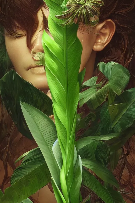 Image similar to ultra realistic illustration, cinema 4 d art, banana plants drawing, jade background, elegant, highly detailed, digital painting, concept art, intricate, swirl, smooth, sharp focus, illustration, art by artgerm and greg rutkowski and alphonse mucha