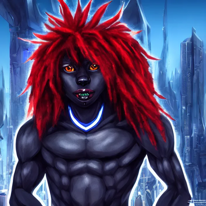 Image similar to portrait of male anthropomorphic black anime wolf, long red hair, blue eyes, in a futuristic city, hyper detailed, digital art, trending on artstation, cinematic lighting, studio quality, smooth render, unreal engine 5 rendered, octane rendered, 1 : 1 aspect ratio