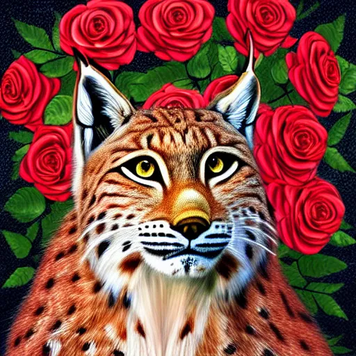 Image similar to lynx wearing a flower circle made out of roses and golden leaves on his head, a majestic crown, an expressive digital painting, high quality art,