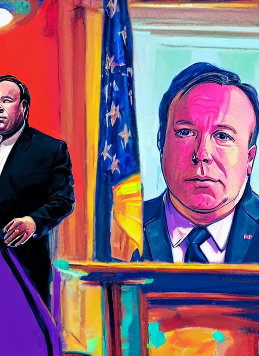 Prompt: a run-down alex jones on the stand in court by lisa frank, realistic, 8k