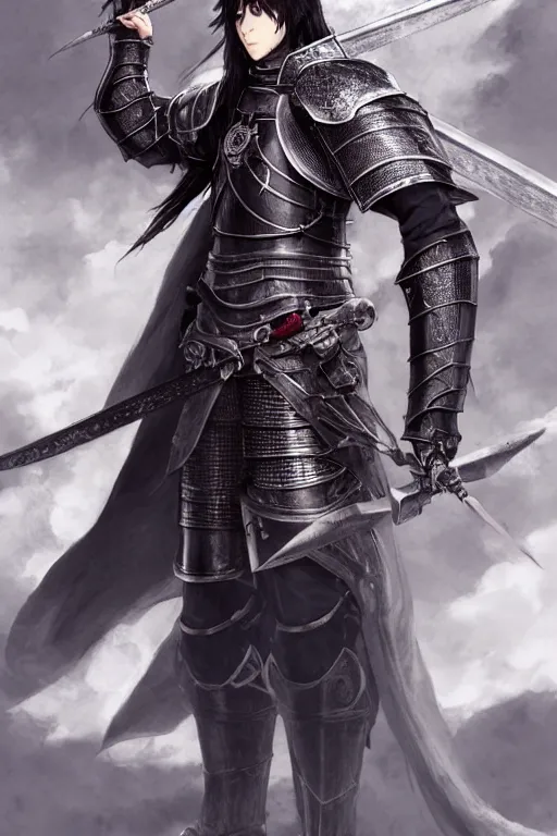 Image similar to A full body portrait of a male Knight of the Wind, long black hair, Akihiko Yoshida, concept art, very detailed, tone mapping, matte