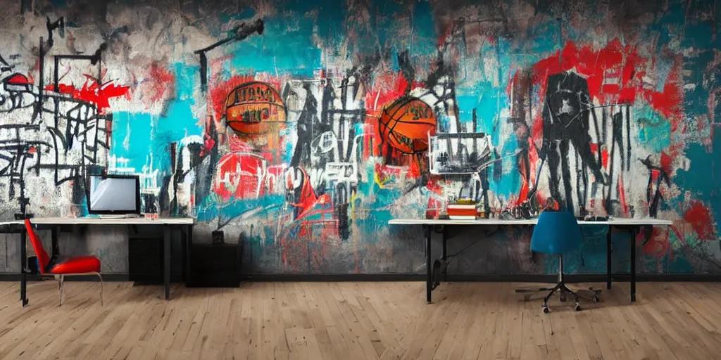 Image similar to teenager bedroom in industrial style, street art basketball in the style ofv basquiat decorated wall, futuristic ambiance, gamer screen on metallic desk, cyber, intricate, very detailed, soft lighting, 8 k hd