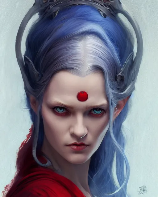 Prompt: A detailed matte oil on canvas head on symmetrical portrait of a beautiful elven woman with a blue eye and a red eye, and red and blue hair by greg rutkowski and Charlie bowater and lise deharme, trending on artstationhd, dungeons and dragons art critical role