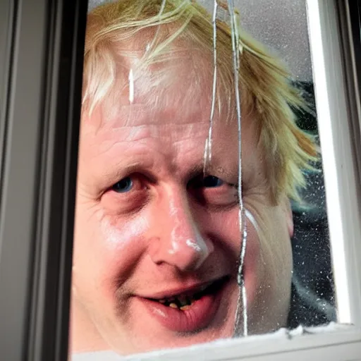 Image similar to a photo taken from the inside of an old house, showing window blinds being pulled back to reveal a terrifying boris johnson with his unhinged face pressed against the window, boris ’ hand placed on the window, horrifying grin. horror, raining, night time