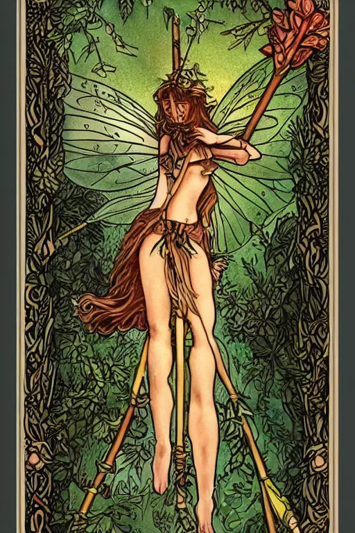 Prompt: fairy themed four of wands tarot card, trending on artstation, detailed