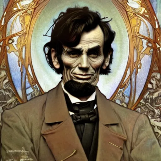 Prompt: realistic detailed of Abraham Lincoln by Alphonse Mucha, Ayami Kojima, Amano, Charlie Bowater, Karol Bak, Greg Hildebrandt, Jean Delville, and Donato Giancola, Art Nouveau, Neo-Gothic, gothic, rich deep colors