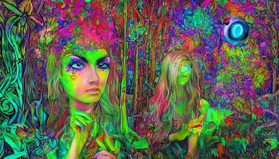 Image similar to landscape beautiful woman in psychodelic dmt lsd forest, photorealistic, artgerm, artwork by Arian, Mark