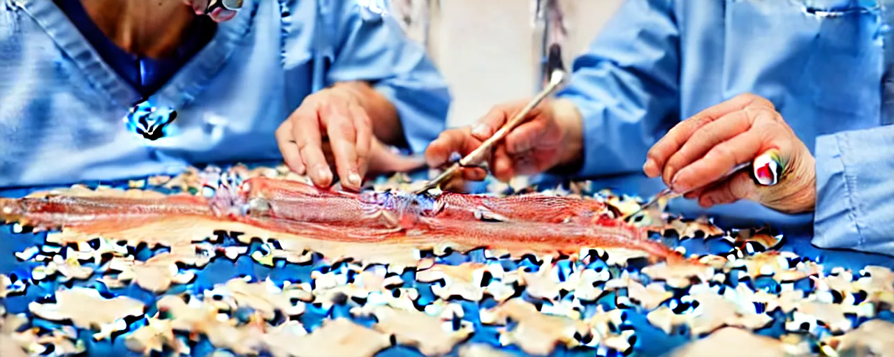 Image similar to a surgeon with realistic hands using a scalpel on a partially completed jigsaw puzzle on a table