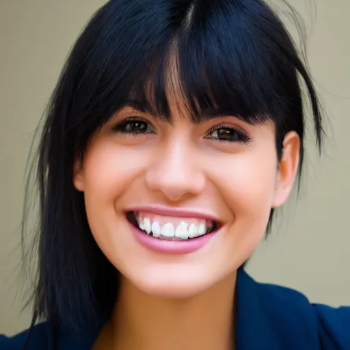 Prompt: a close up portrait of a 23 year old female, raven black hair, perfect teeth, smiling, soft features