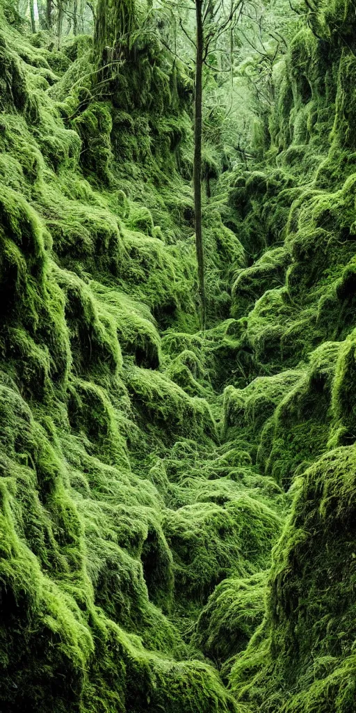 Image similar to a fertile, lush mossy canyon, minimalist structure, covered in ice, in the style of reuben wu, roger deakins