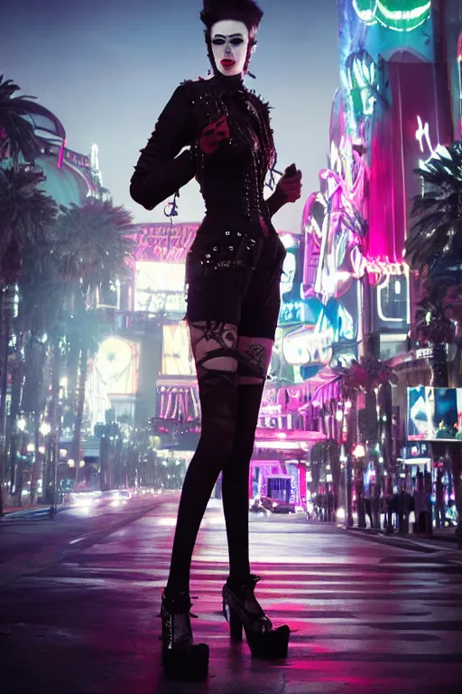 Prompt: full body portrait of a punk vampire on the Las Vegas strip at night by tom bagshaw, cinematic, hyper realism, high detail, octane render, 8k, trending on artstation, CGsociety, concept art, 35mm, kodak portra