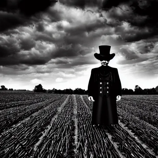 Prompt: The Hamburglar in a cornfield, UHD, HDR, intricate detail, black and white, gothic horror, moody, atmospheric lighting, haunting