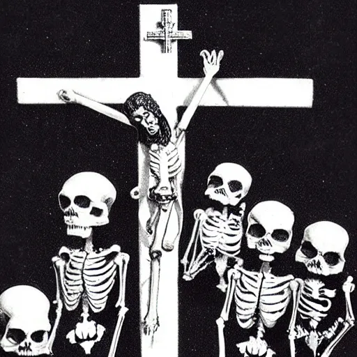 Prompt: A crucifix made of light, with two evil skeletons on both sides being burnt by its light. Dark Fantasy, Film Noir, Black and White. High Contrast, Mike Mignola, D&D, OSR