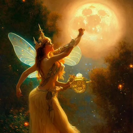 Image similar to attractive fairy queen fly high in the night, fantasy, full moon in background. hyper detailed painting by gaston bussiere, craig mullins, j. c. leyendecker, mid shot, 8 k, cryengone, cinematic lighting, beautiful,