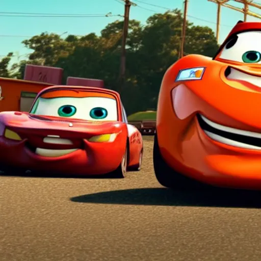 Prompt: a still from a gritty remake of cars, where lightning mcqueen gets into a greusome car accident with tow mater. rendered in 4 k with presto animation software.
