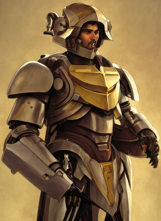 Prompt: medium-length portrait of a male paladin with short curly hair and a dark beard, dark brown skin, happy expression, wears a suit of power armor, gundam, buster sword, medieval setting, highly detailed, digital painting, artstation, concept art, sharp focus, illustration, art by greg rutkowski and alphonse mucha