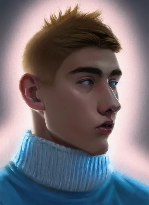 Image similar to portrait of high school senior boy named big moose, blonde short hair, jock, beefy, wide face, square jaw, square facial structure, blue varsity jacket with letter r, intricate, elegant, glowing lights, highly detailed, digital painting, artstation, concept art, sharp focus, illustration, art by wlop, mars ravelo and greg rutkowski