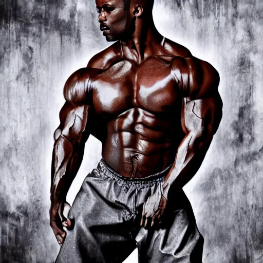 Image similar to the artist formerly know as Prince with the physique of a body builder, realistic, detailed, cinematic, dynamic lighting, photorealistic, refined, intricate, digital art, background a gym, masterpiece, 8k