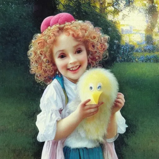 Image similar to a beautiful smiling little [[[[[[[[blonde toddler]]]]]]]]] girl with short loosely curly hair, at the park on a beautiful day, holding a round all-pink stuffed penguin, by Artgerm, Mucha Klimt, Hiroshi Yoshida and Craig Mullins, featured on Artstation, CGSociety, Behance HD, Deviantart