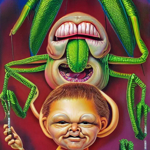 Image similar to beautiful lifelike painting of praying mantis garbage pail kid, hyperreal detailed facial features and uv lighting, art by ed roth and basil wolverton