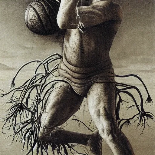 Image similar to corn man playing basketball, by zdzislaw beksinski and ernst haeckel